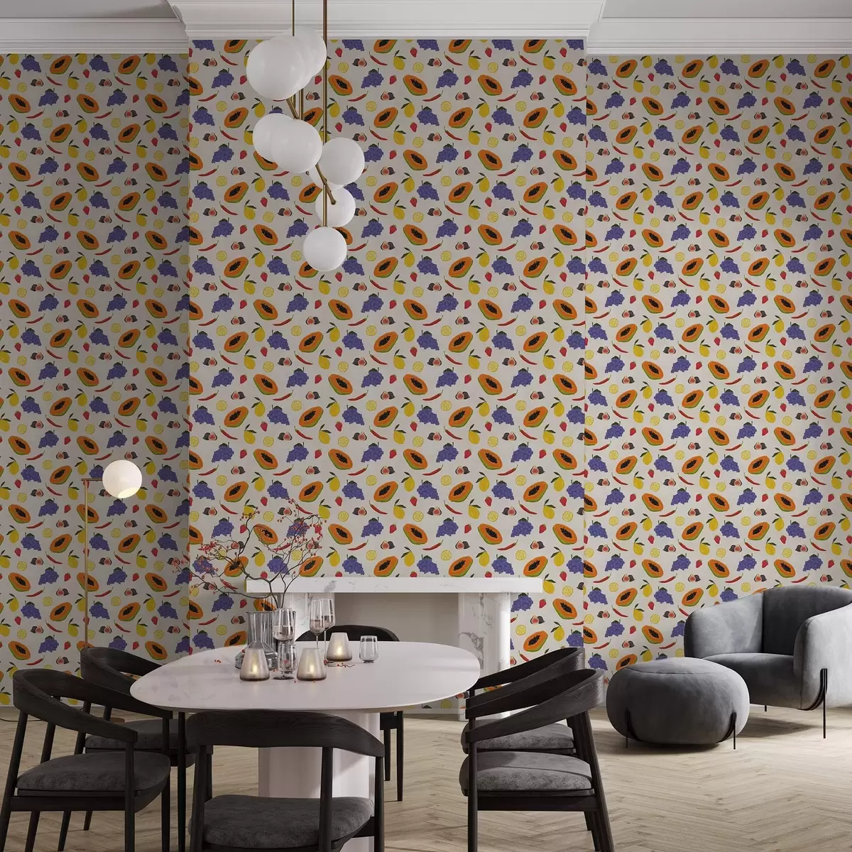 Tapety Papája, hrozny a citrony — pestrá ovocná směs a00803