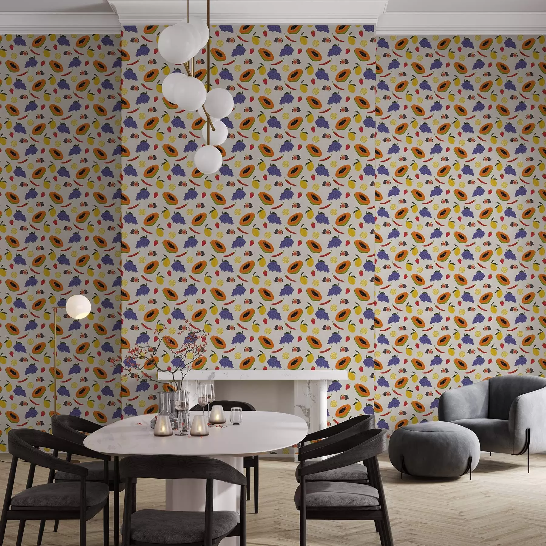 Fototapet Papája, hrozny a citrony — pestrá ovocná směs a00803