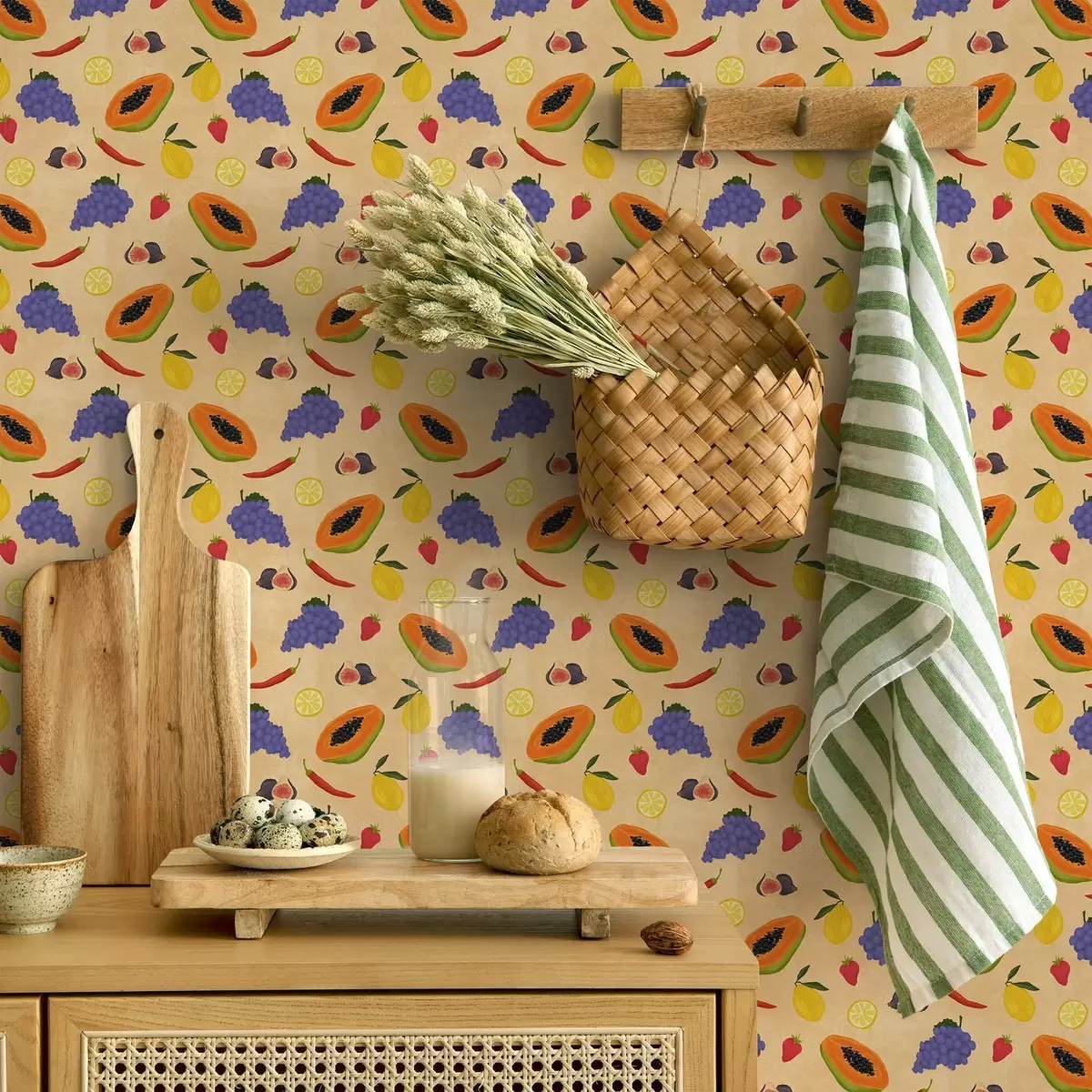 Tapety Papája, citrusové plody a bobule na bohatém teplém pozadí a00803v1