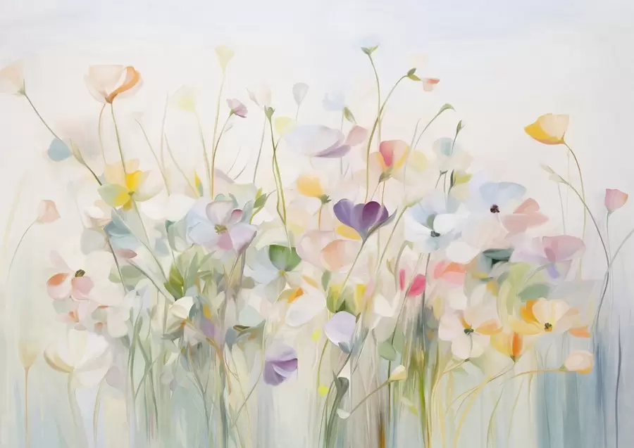 Fototapet Abstraktní pole barevných květin s dlouhými stonky a zelenými listy, texturované, pastelové, světlé barvy w09466