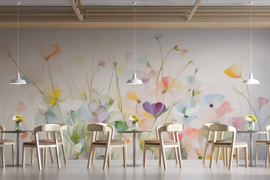 Fototapet Abstraktní pole barevných květin s dlouhými stonky a zelenými listy, texturované, pastelové, světlé barvy w09466