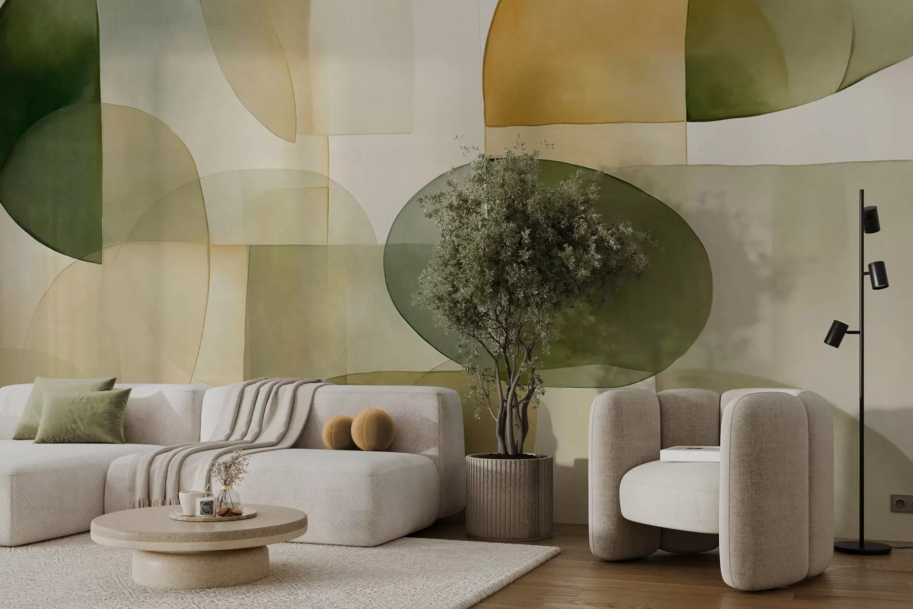 Fototapet Abstraktní texturované tvary v odstínech zelené a žluté, tlumené tóny, minimalistická kompozice, neutrální pozadí w09467