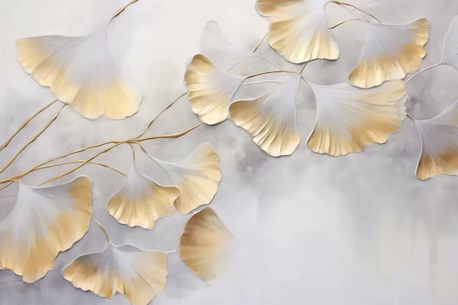 Fototapet Listy ginkga biloba se žlutými okraji na větvi, šedé texturované pozadí, elegantní a minimalistický design w09472