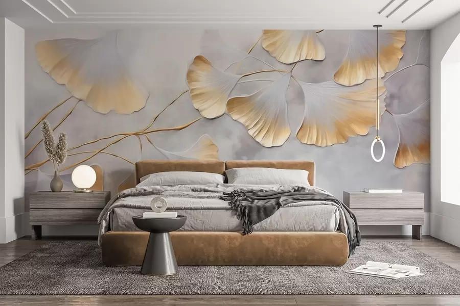 Fototapet Listy ginkga biloba se žlutými okraji na větvi, šedé texturované pozadí, elegantní a minimalistický design w09472