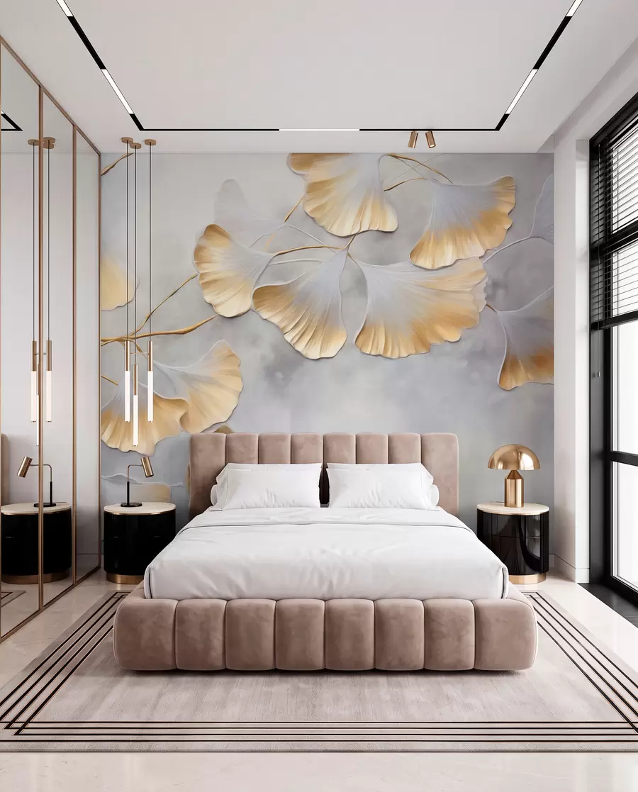 Fototapet Listy ginkga biloba se žlutými okraji na větvi, šedé texturované pozadí, elegantní a minimalistický design w09472
