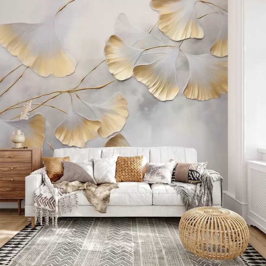 Fototapet Listy ginkga biloba se žlutými okraji na větvi, šedé texturované pozadí, elegantní a minimalistický design w09472