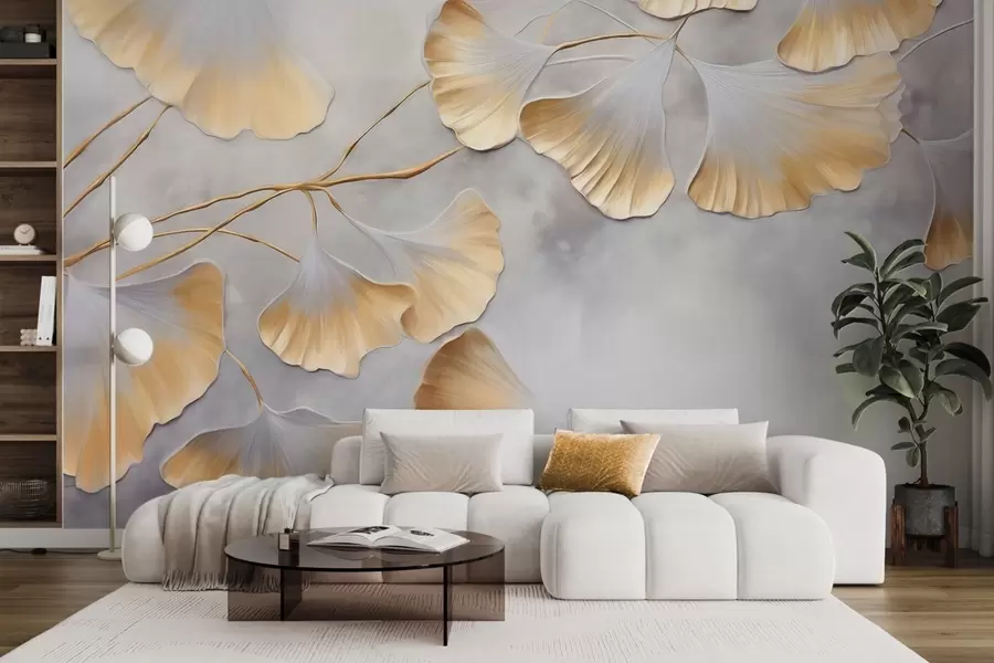 Fototapet Listy ginkga biloba se žlutými okraji na větvi, šedé texturované pozadí, elegantní a minimalistický design w09472