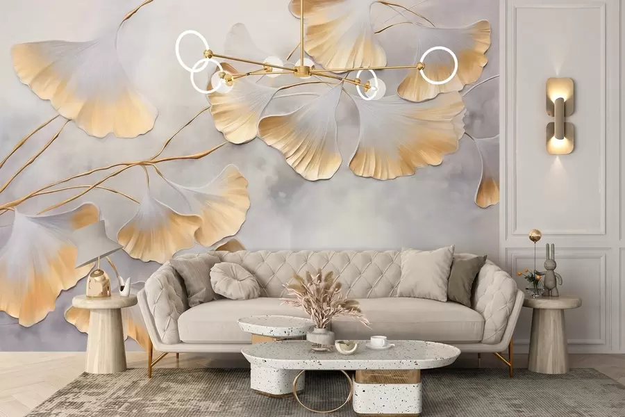 Fototapet Listy ginkga biloba se žlutými okraji na větvi, šedé texturované pozadí, elegantní a minimalistický design w09472