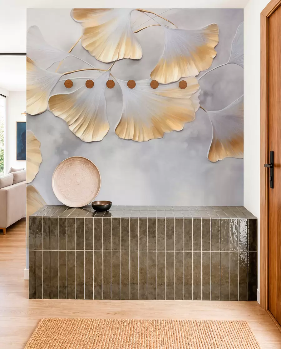 Fototapet Listy ginkga biloba se žlutými okraji na větvi, šedé texturované pozadí, elegantní a minimalistický design w09472