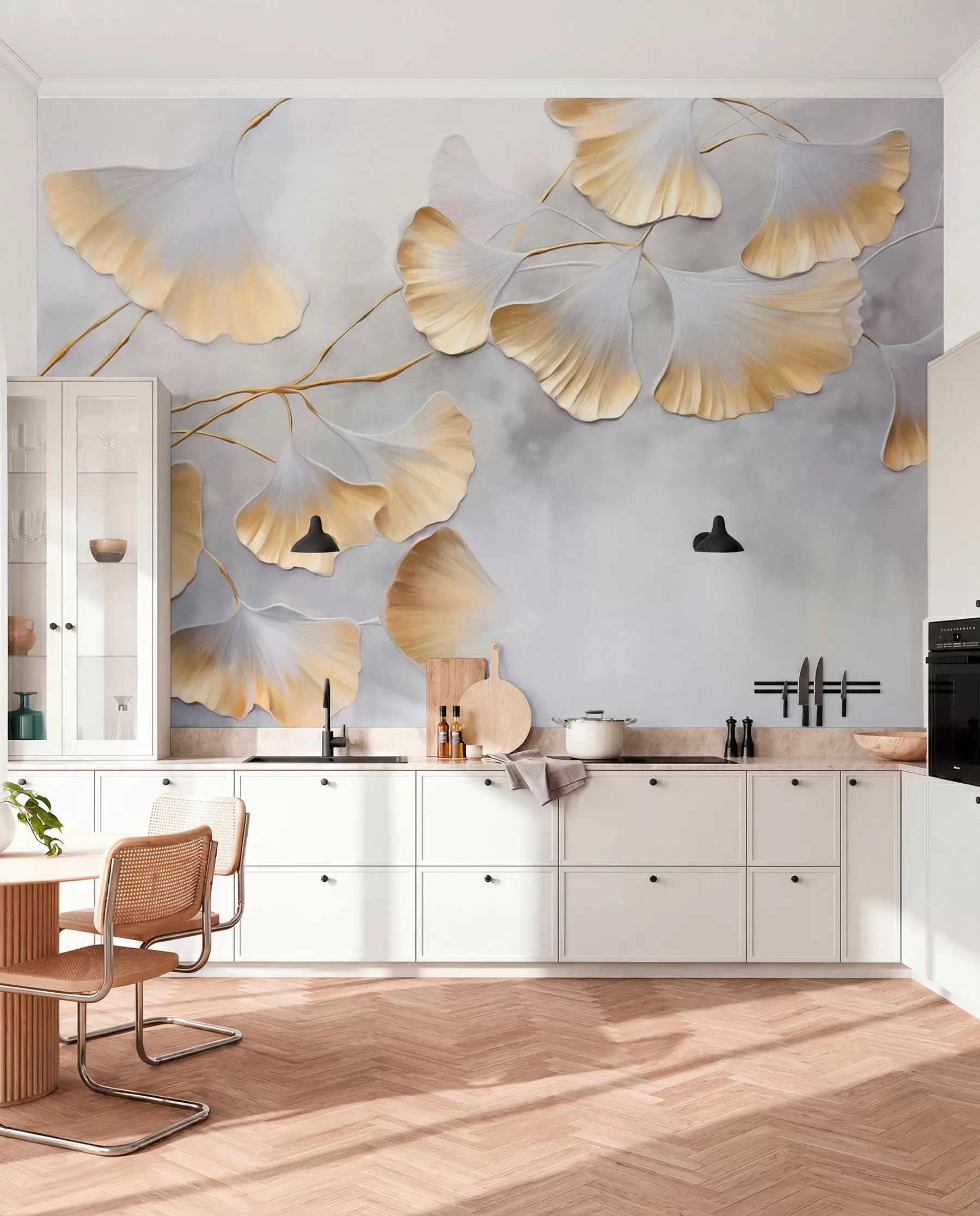 Fototapet Listy ginkga biloba se žlutými okraji na větvi, šedé texturované pozadí, elegantní a minimalistický design w09472