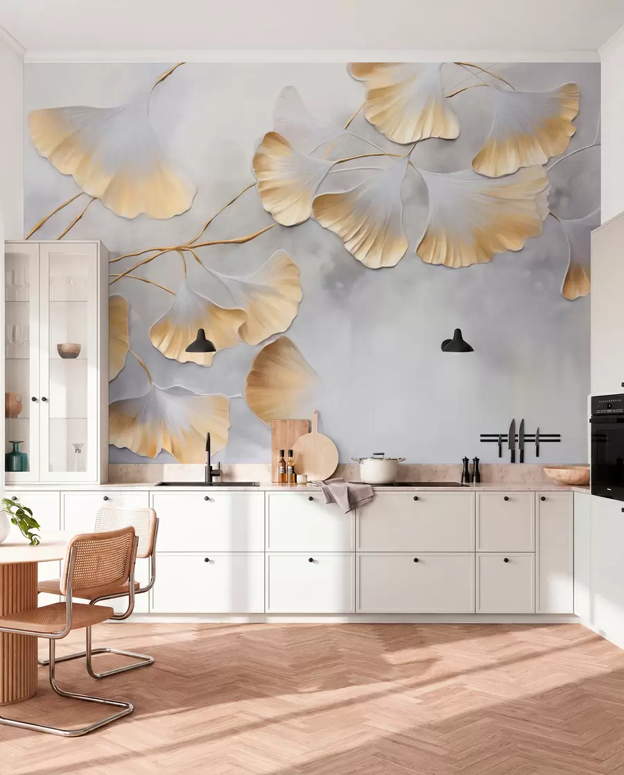 Fototapet Listy ginkga biloba se žlutými okraji na větvi, šedé texturované pozadí, elegantní a minimalistický design w09472