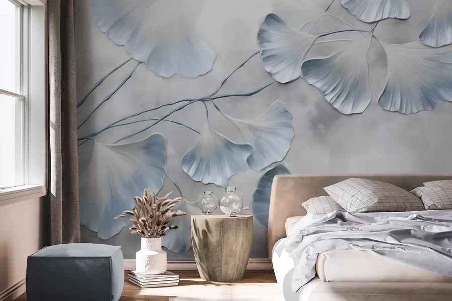 Fototapet Listy ginkga biloba s modrými okraji na větvi, šedé texturované pozadí, elegantní a minimalistický design w09472v1