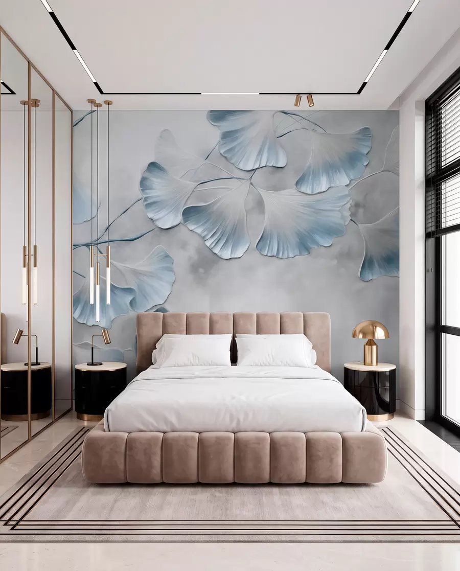 Fototapet Listy ginkga biloba s modrými okraji na větvi, šedé texturované pozadí, elegantní a minimalistický design w09472v1