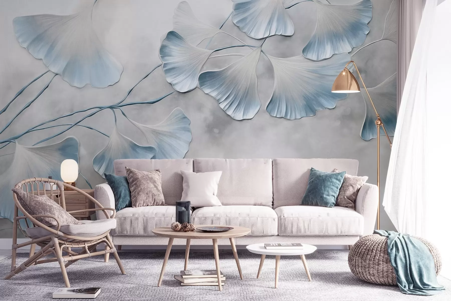 Fototapet Listy ginkga biloba s modrými okraji na větvi, šedé texturované pozadí, elegantní a minimalistický design w09472v1