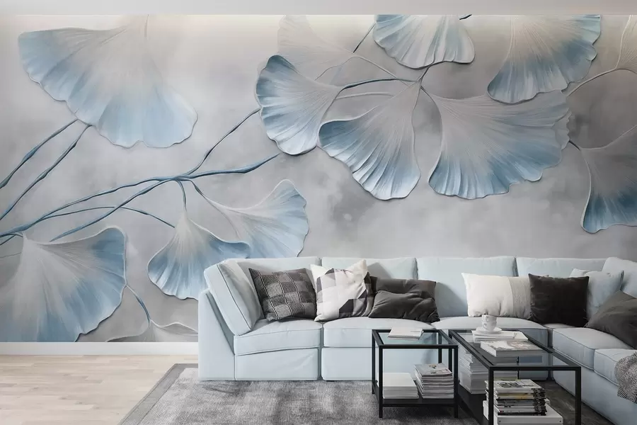 Fototapet Listy ginkga biloba s modrými okraji na větvi, šedé texturované pozadí, elegantní a minimalistický design w09472v1