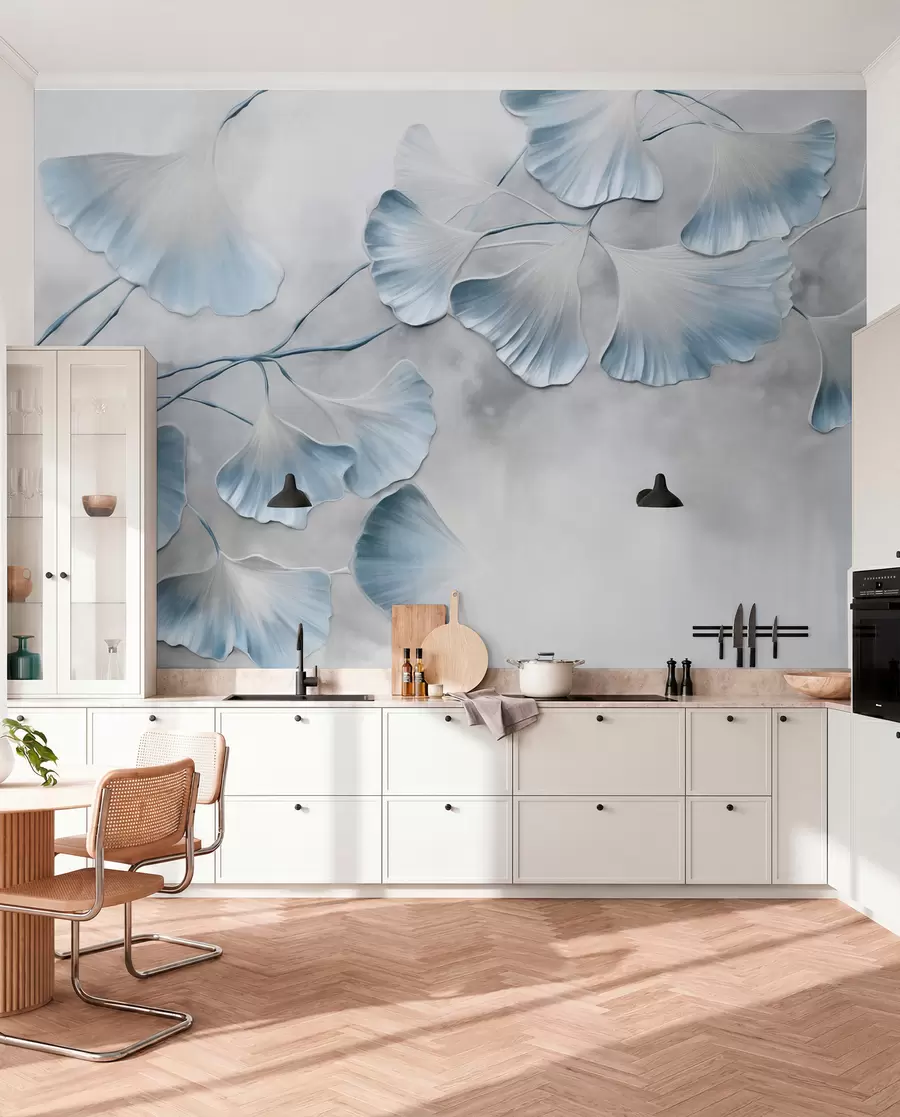 Fototapet Listy ginkga biloba s modrými okraji na větvi, šedé texturované pozadí, elegantní a minimalistický design w09472v1