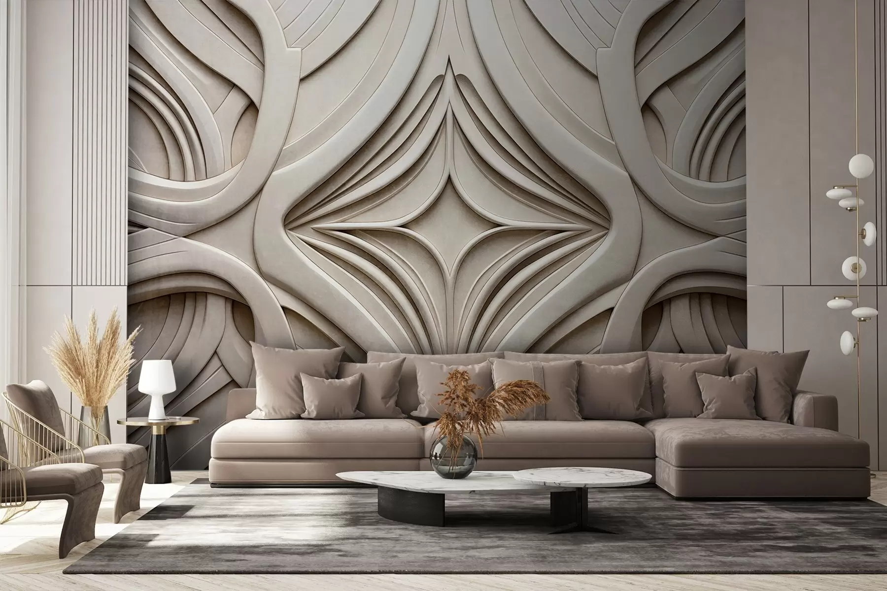 Fototapet Abstraktní symetrický geometrický potisk, světle béžová barva, styl art deco, složité detaily w09473