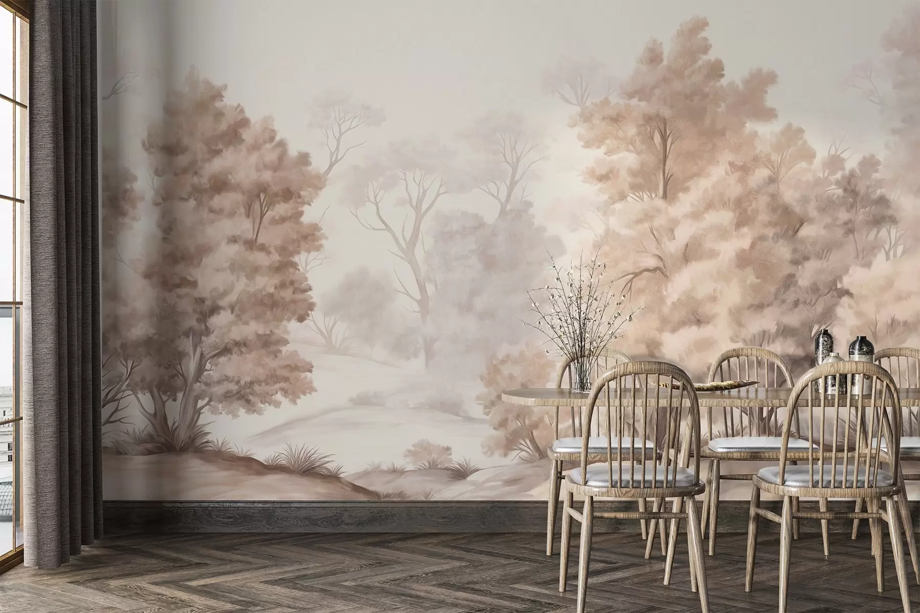 Fototapet Texturovaná krajinomalba imitující les s vysokými stromy a trávou, tlumené a jemné barvy, uklidňující scéna w09474