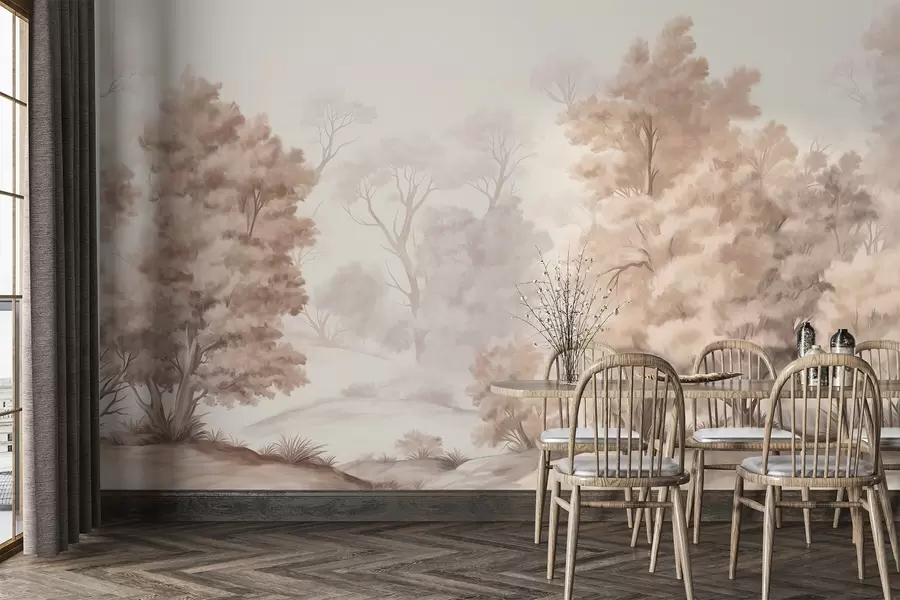 Fototapet Texturovaná krajinomalba imitující les s vysokými stromy a trávou, tlumené a jemné barvy, uklidňující scéna w09474