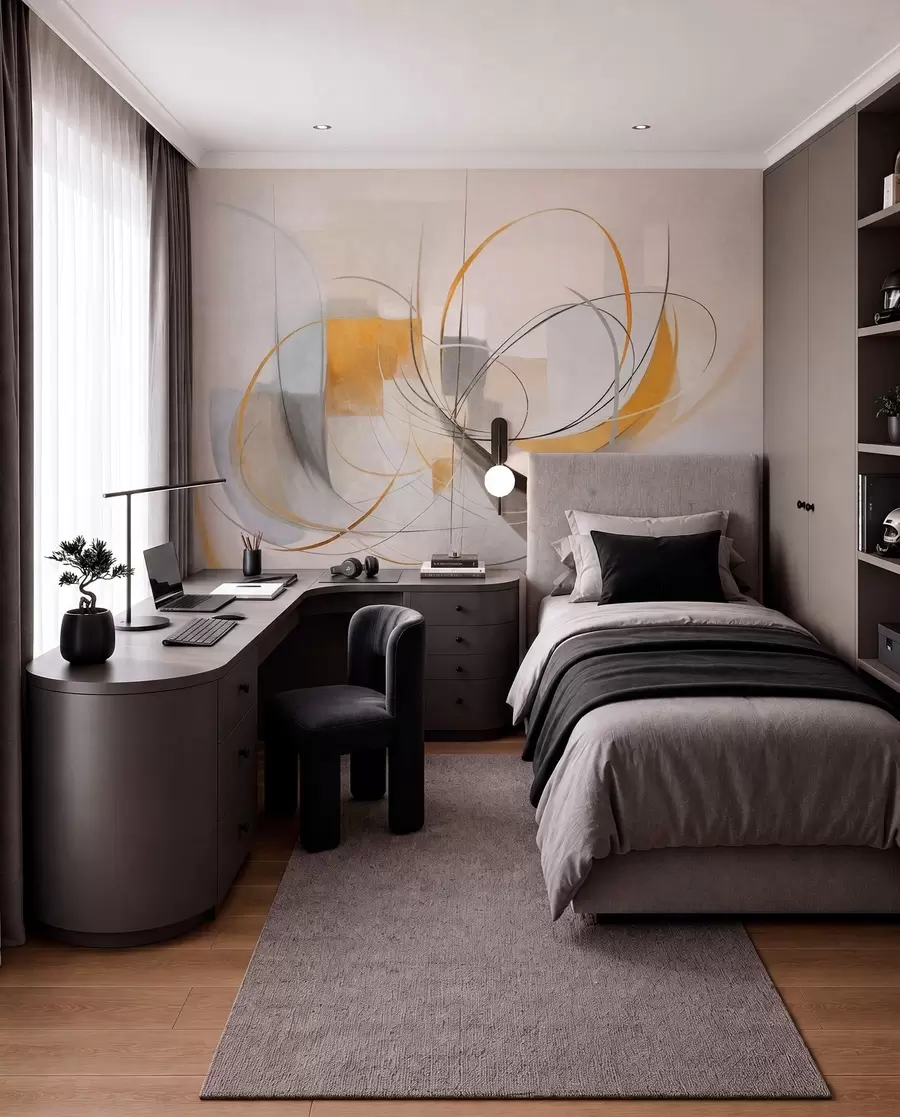 Fototapet Abstraktní texturovaný moderní malířský styl s zakřivenými liniemi a geometrickými tvary v odstínech šedé, bílé a oranžové barvy w09476