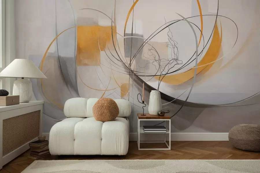 Fototapet Abstraktní texturovaný moderní malířský styl s zakřivenými liniemi a geometrickými tvary v odstínech šedé, bílé a oranžové barvy w09476