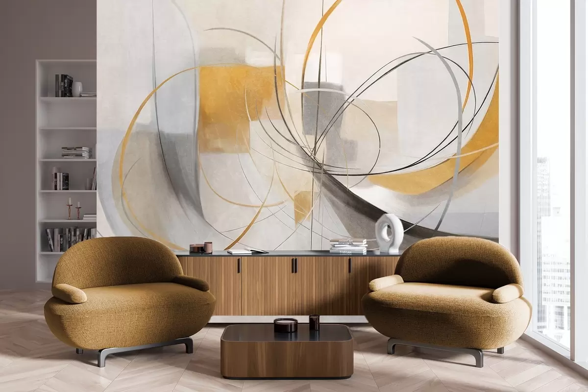 Fototapet Abstraktní texturovaný moderní malířský styl s zakřivenými liniemi a geometrickými tvary v odstínech šedé, bílé a oranžové barvy w09476