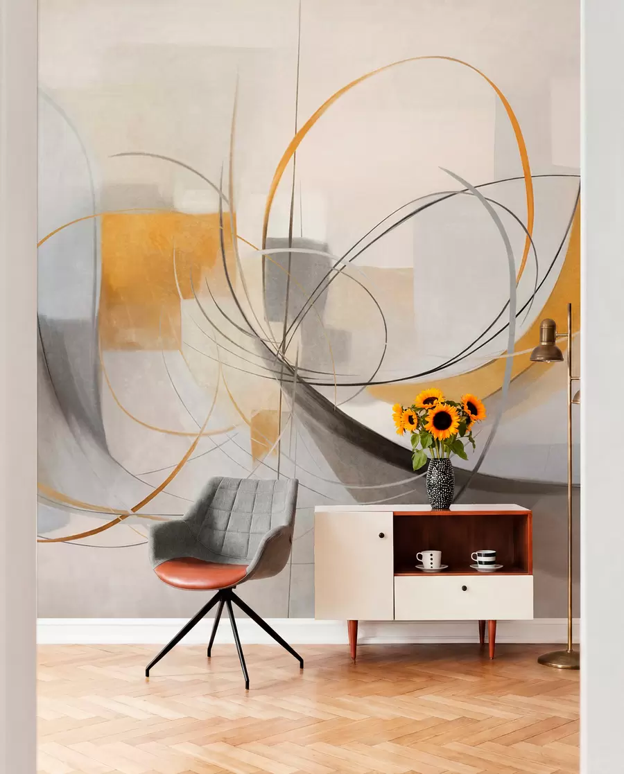 Fototapet Abstraktní texturovaný moderní malířský styl s zakřivenými liniemi a geometrickými tvary v odstínech šedé, bílé a oranžové barvy w09476