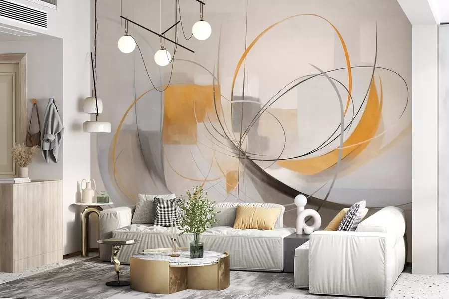 Fototapet Abstraktní texturovaný moderní malířský styl s zakřivenými liniemi a geometrickými tvary v odstínech šedé, bílé a oranžové barvy w09476