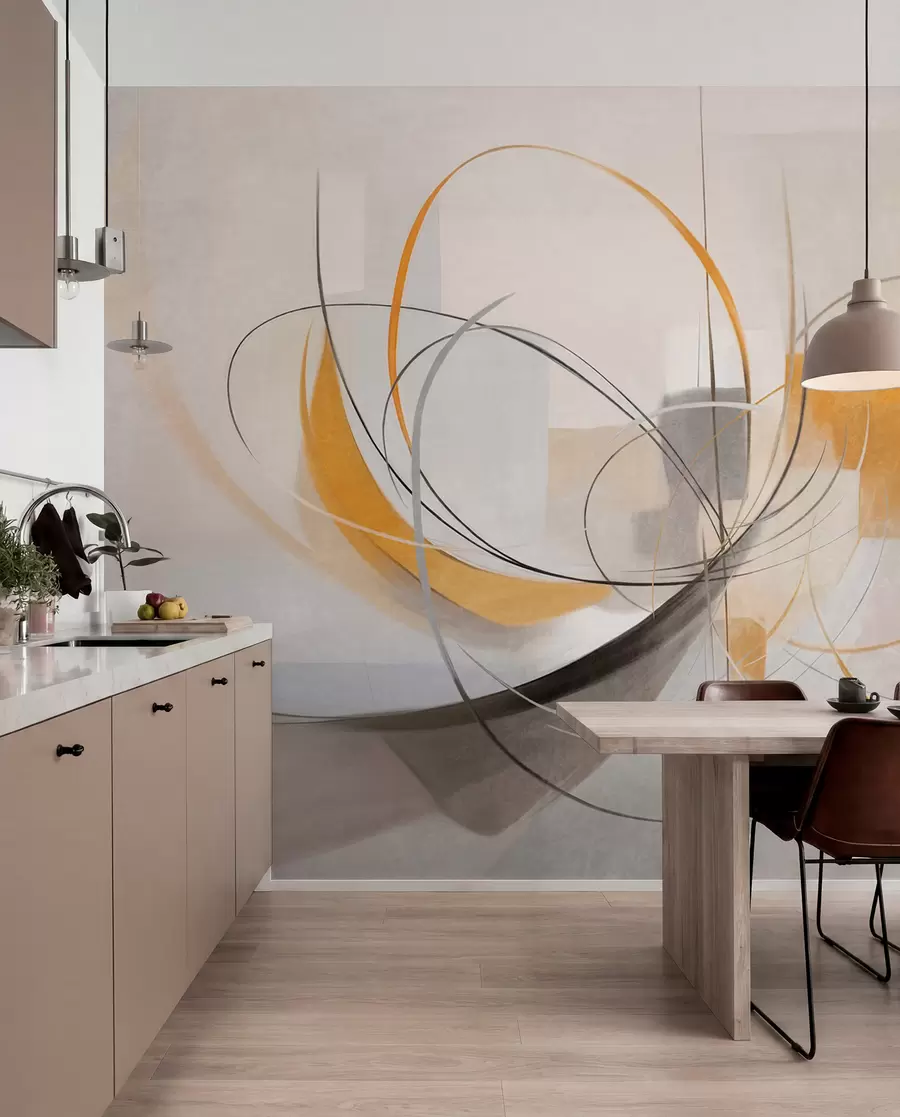Fototapet Abstraktní texturovaný moderní malířský styl s zakřivenými liniemi a geometrickými tvary v odstínech šedé, bílé a oranžové barvy w09476