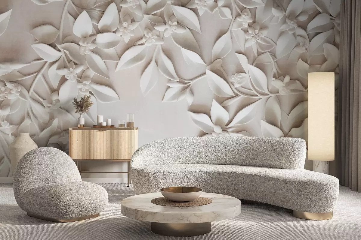 Fototapet Bílé texturované květiny a listy, květinová aranžmá, elegantní design, minimalistický styl, dekorativní umění w09479