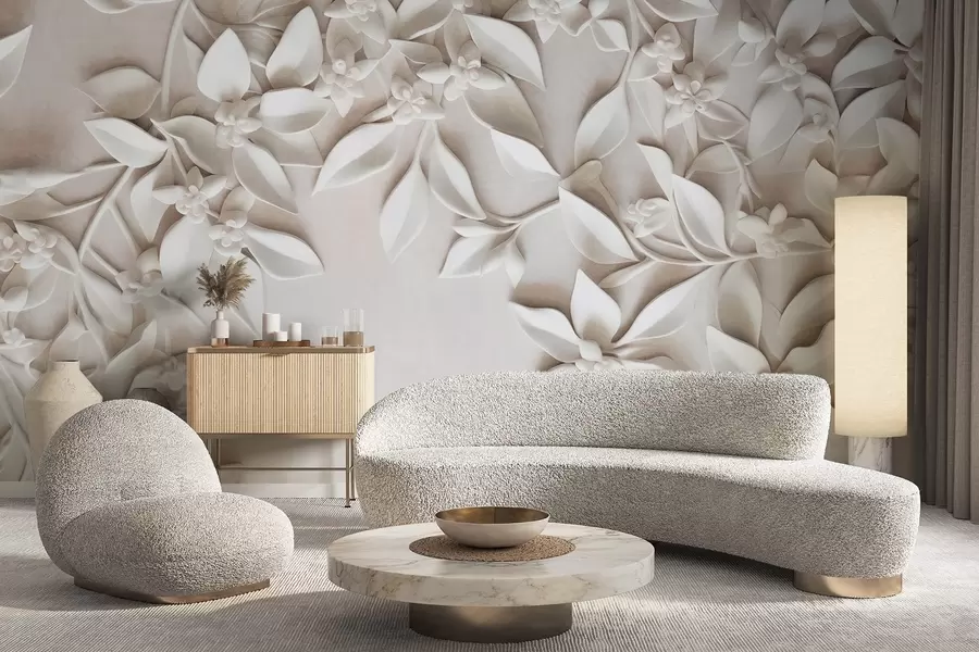 Fototapet Bílé texturované květiny a listy, květinová aranžmá, elegantní design, minimalistický styl, dekorativní umění w09479