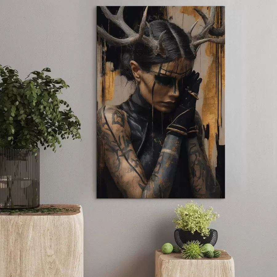 Obraz Žena s rohy v temném vzhledu s černými čarami na obličeji Č. s46144