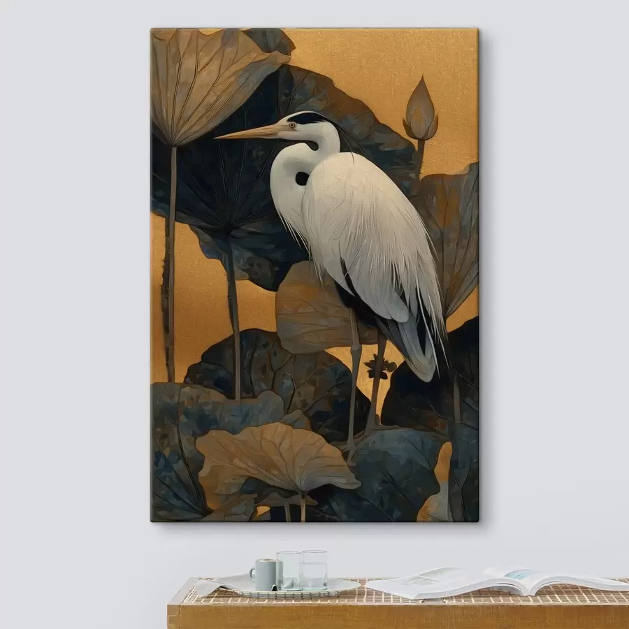 Obraz Bílá volavka mezi velkými listy na teplém pozadí Č. s46147