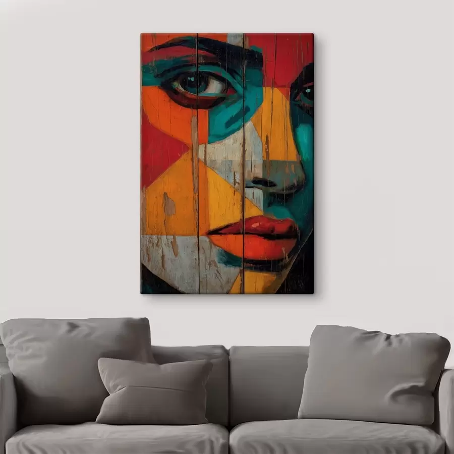 Obraz Jasný geometrický portrét obličeje na dřevěných deskách Č. s46165