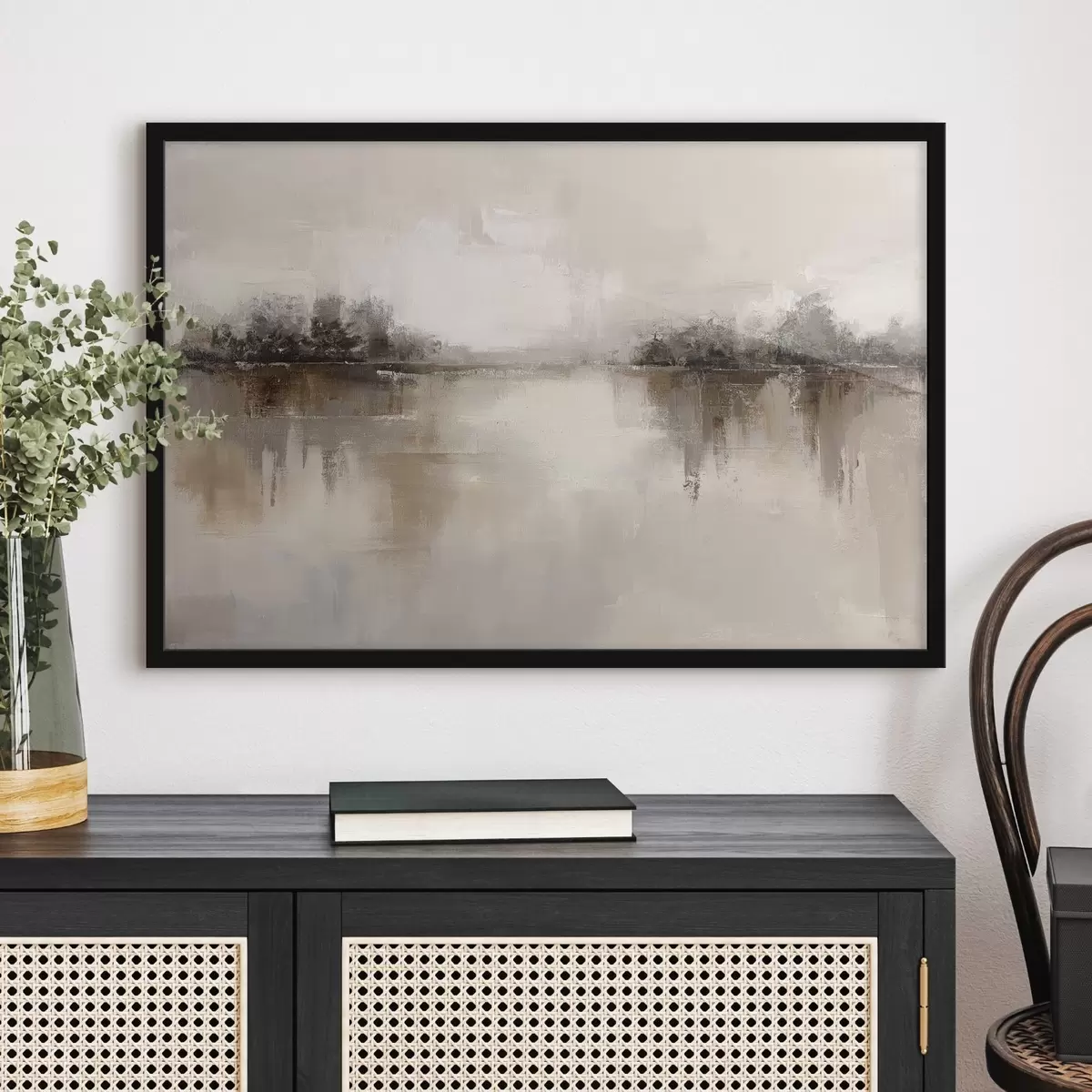 Poster Měkká krajina s jezerem v teplých béžovo-šedých tónech f46158