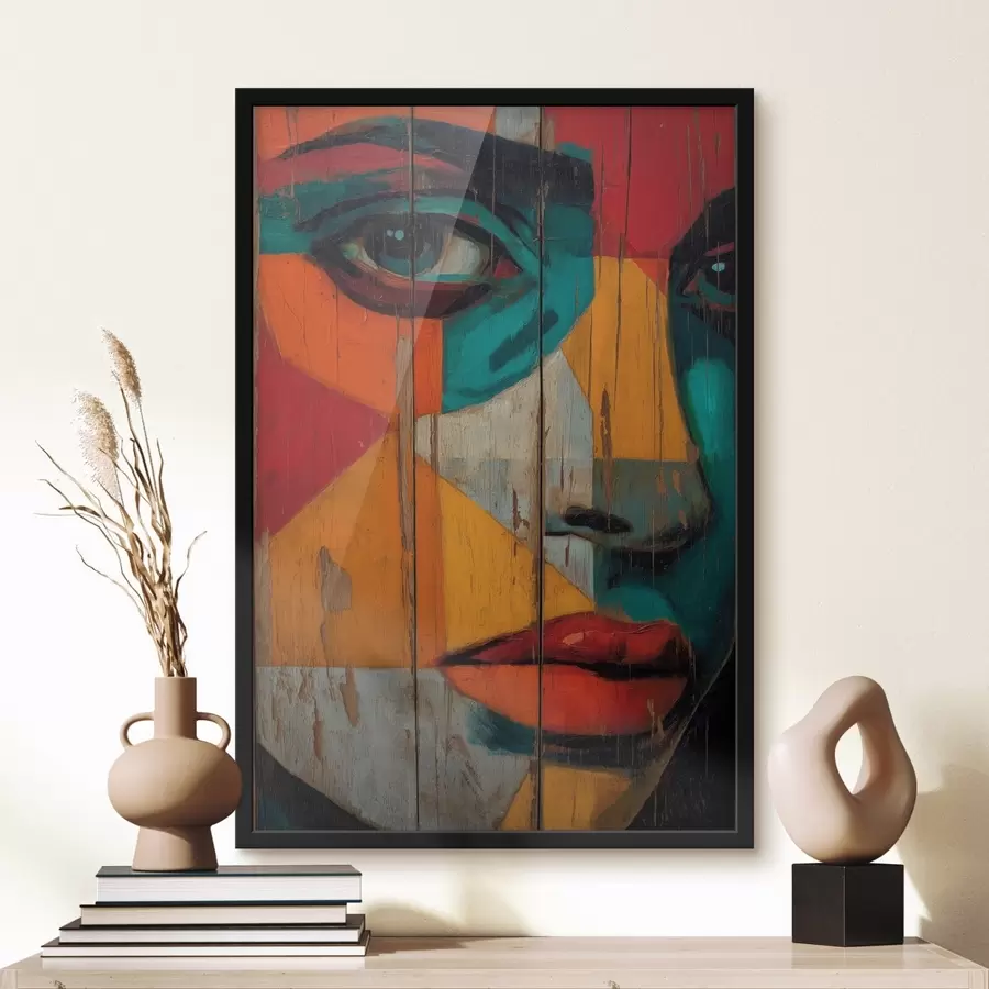 Fototapet Jasný geometrický portrét obličeje na dřevěných deskách f46165