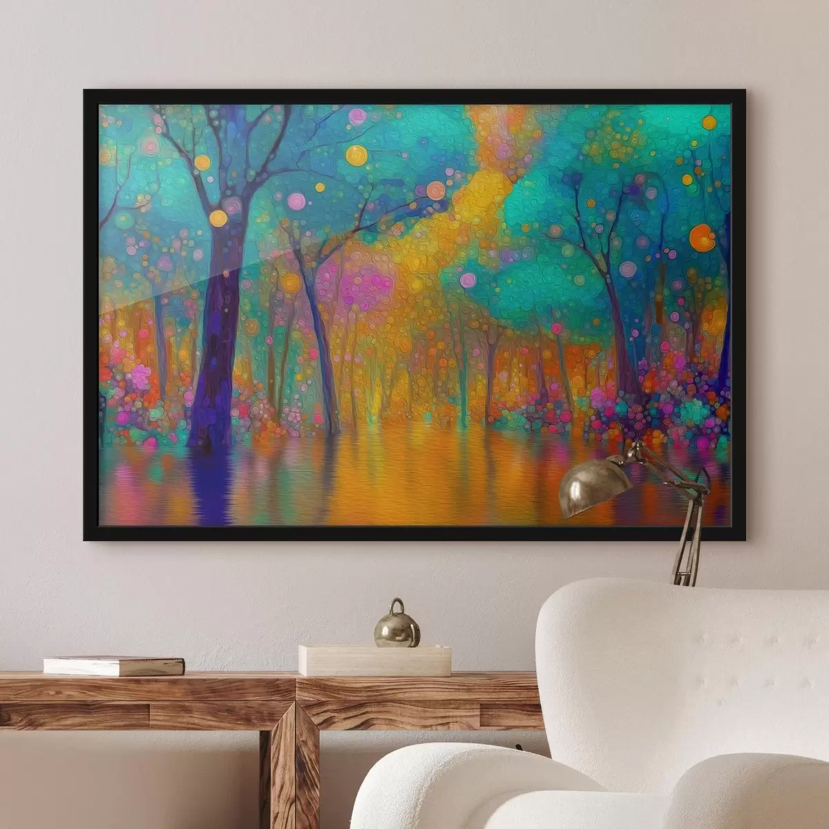 Poster Živý fantazijní les s odrazy ve vodě f46171