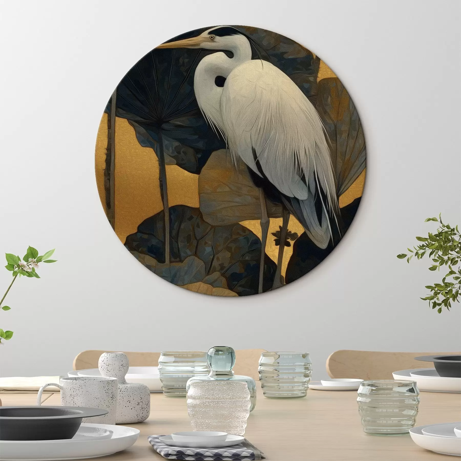 Obraz Bílá volavka mezi velkými listy na teplém pozadí Č. r46147