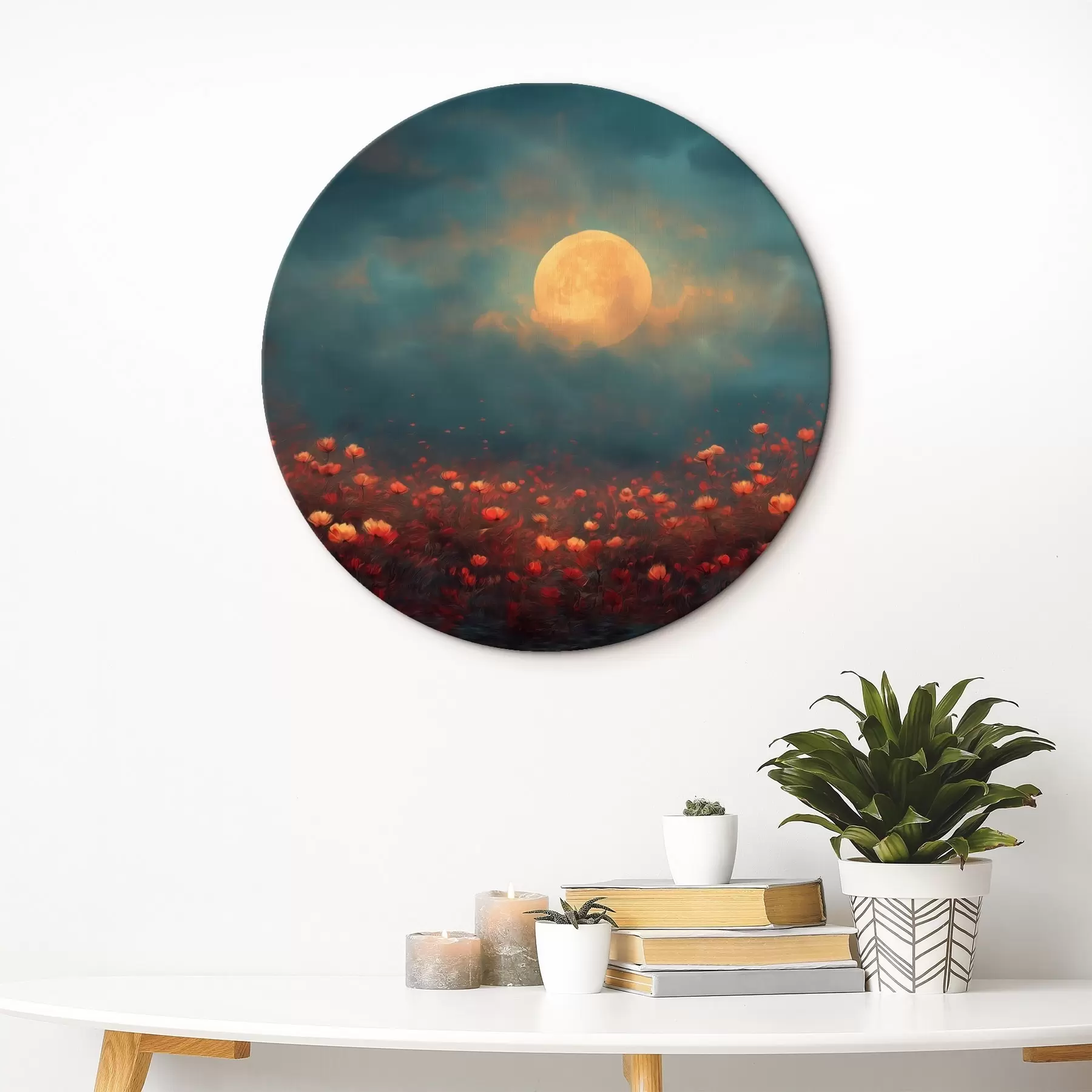 Obraz Měsíc nad polem červených květin v mlhavé večerní obloze Č. r46167