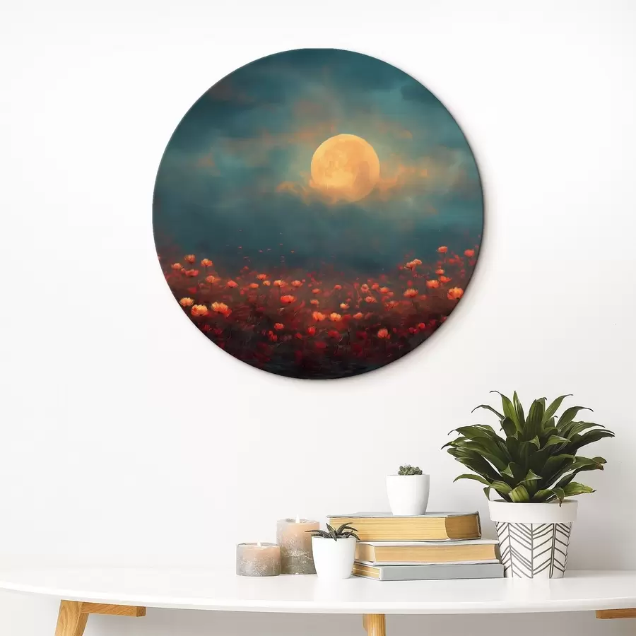 Obraz Měsíc nad polem červených květin v mlhavé večerní obloze Č. r46167