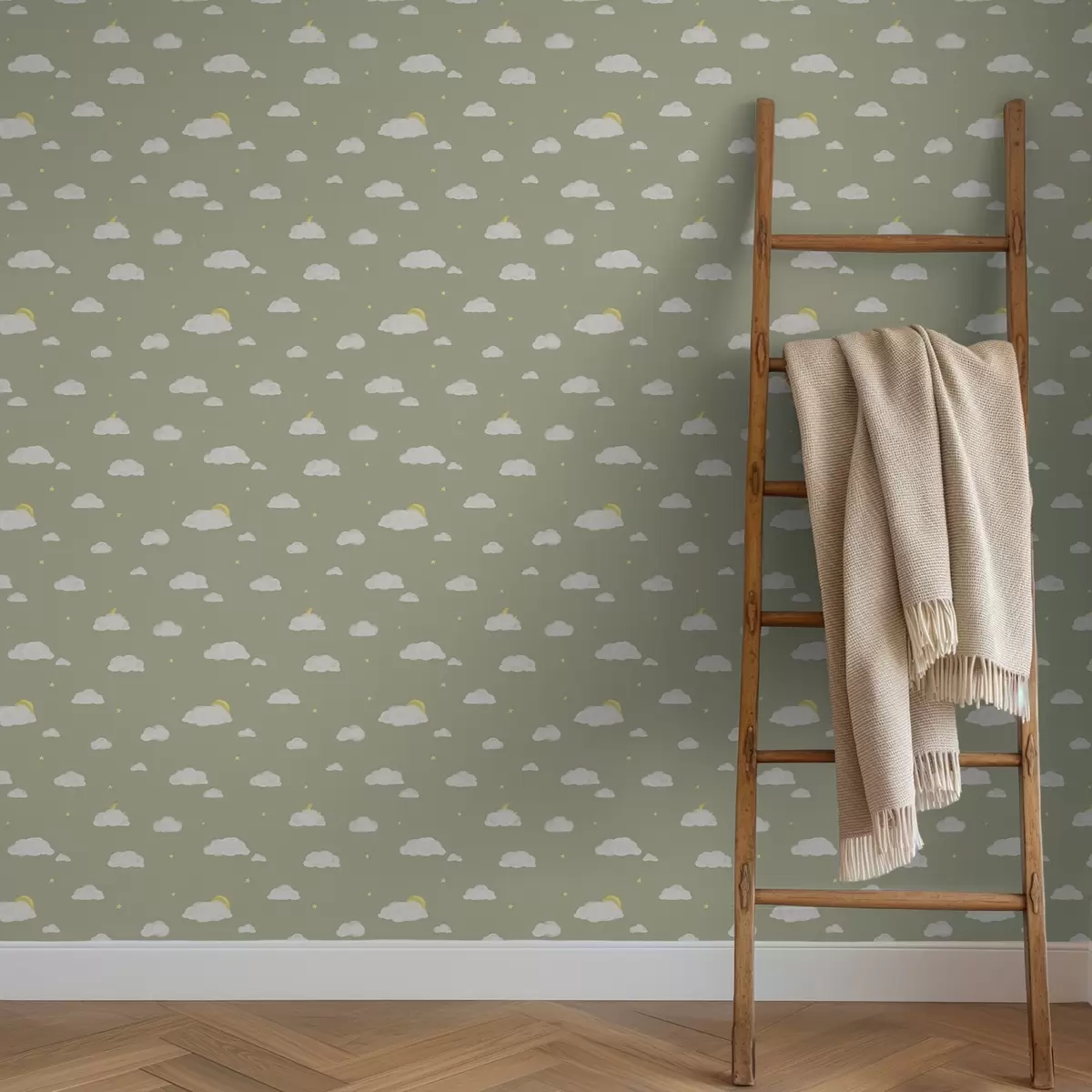 Tapety Měkké mraky, hvězdy a slunce na zelenošedém pozadí a00652v1