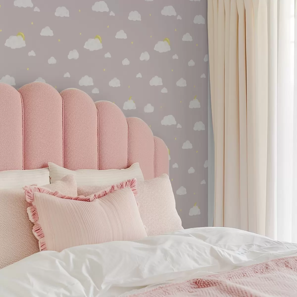 Tapety Měkké mraky, hvězdy a slunce na růžově šedém pozadí a00652v2