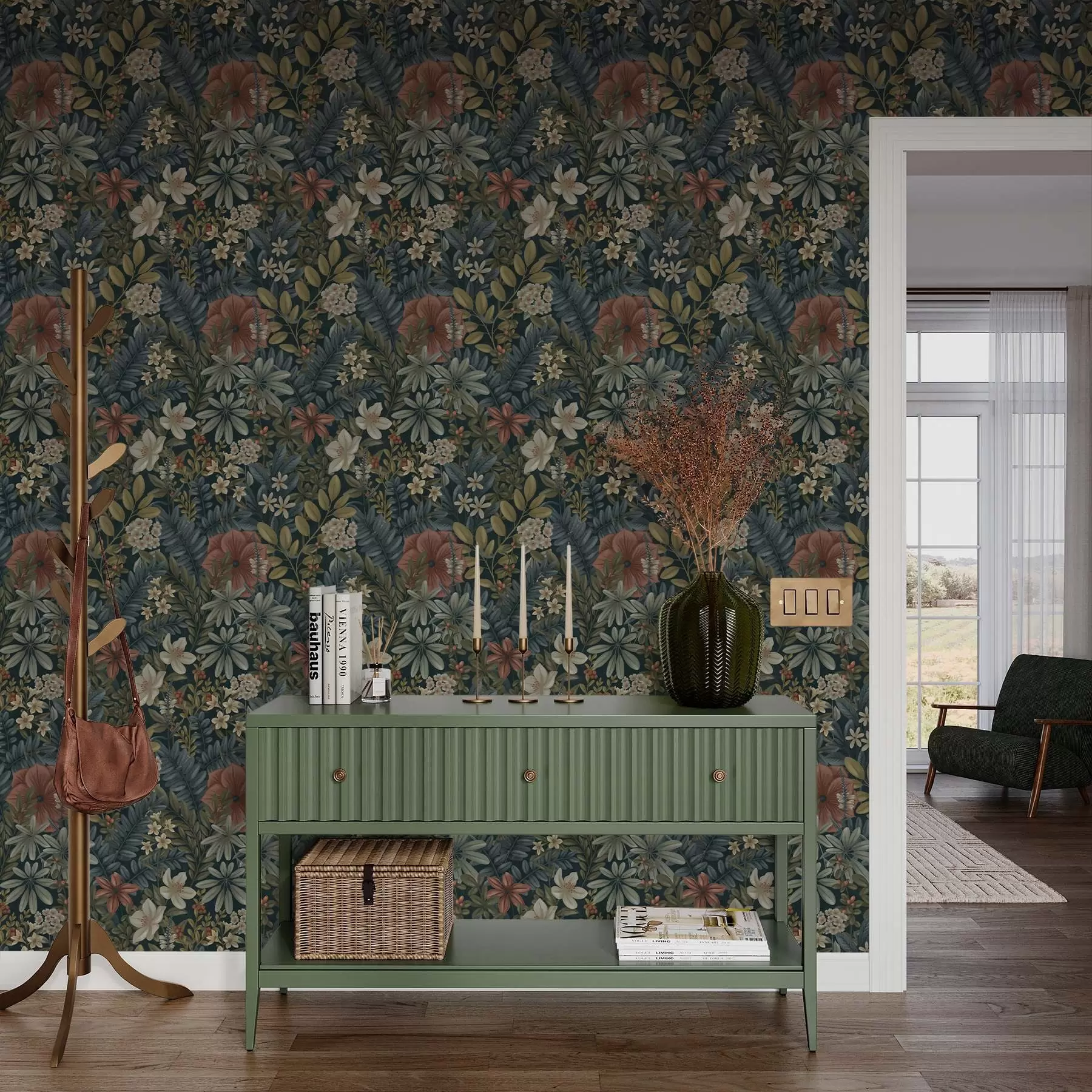 Fototapet Tmavé pozadí s hustými květinami a listy v teplých tónech a00678