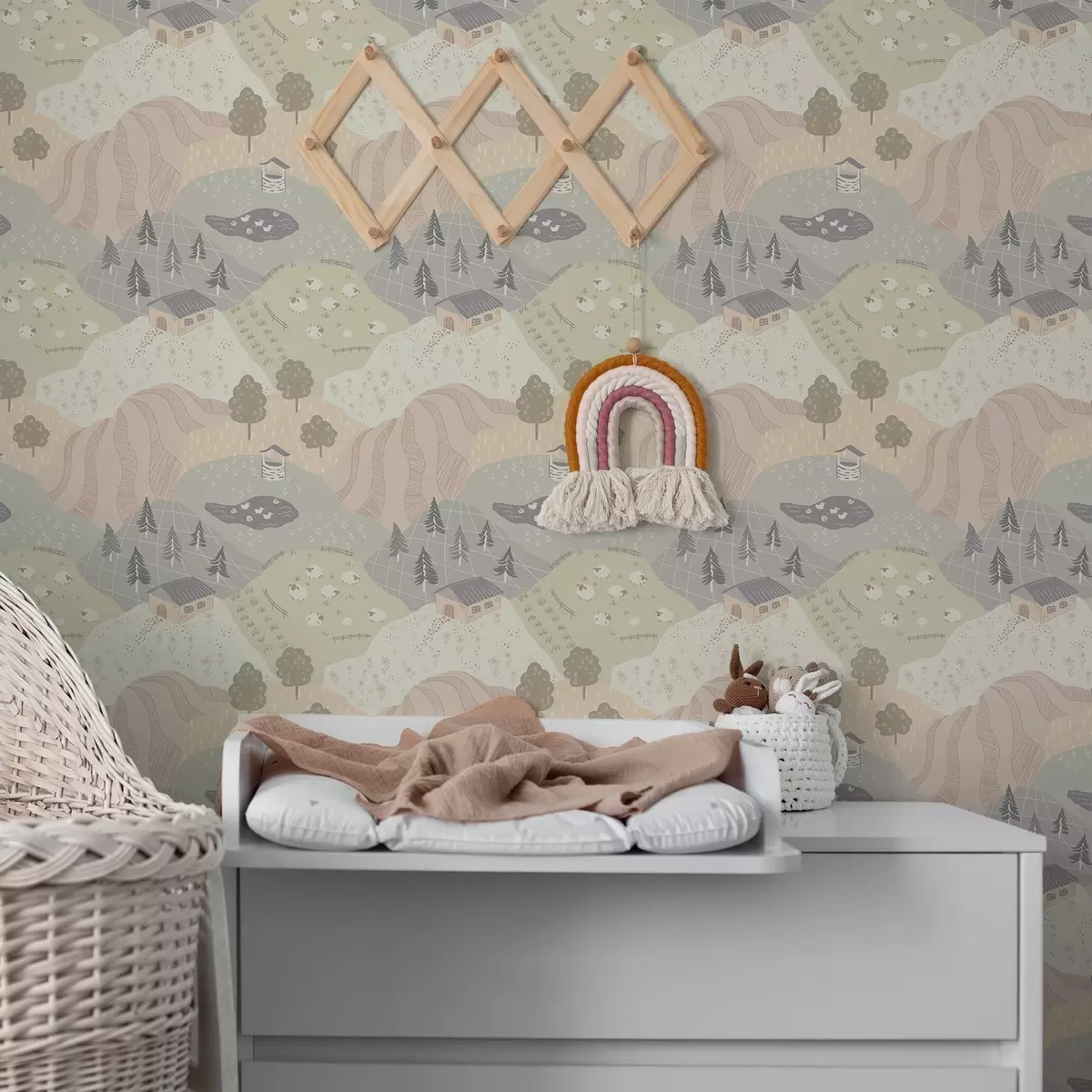 Tapety Pohádková krajina se stromy, husami a ovcemi a00728