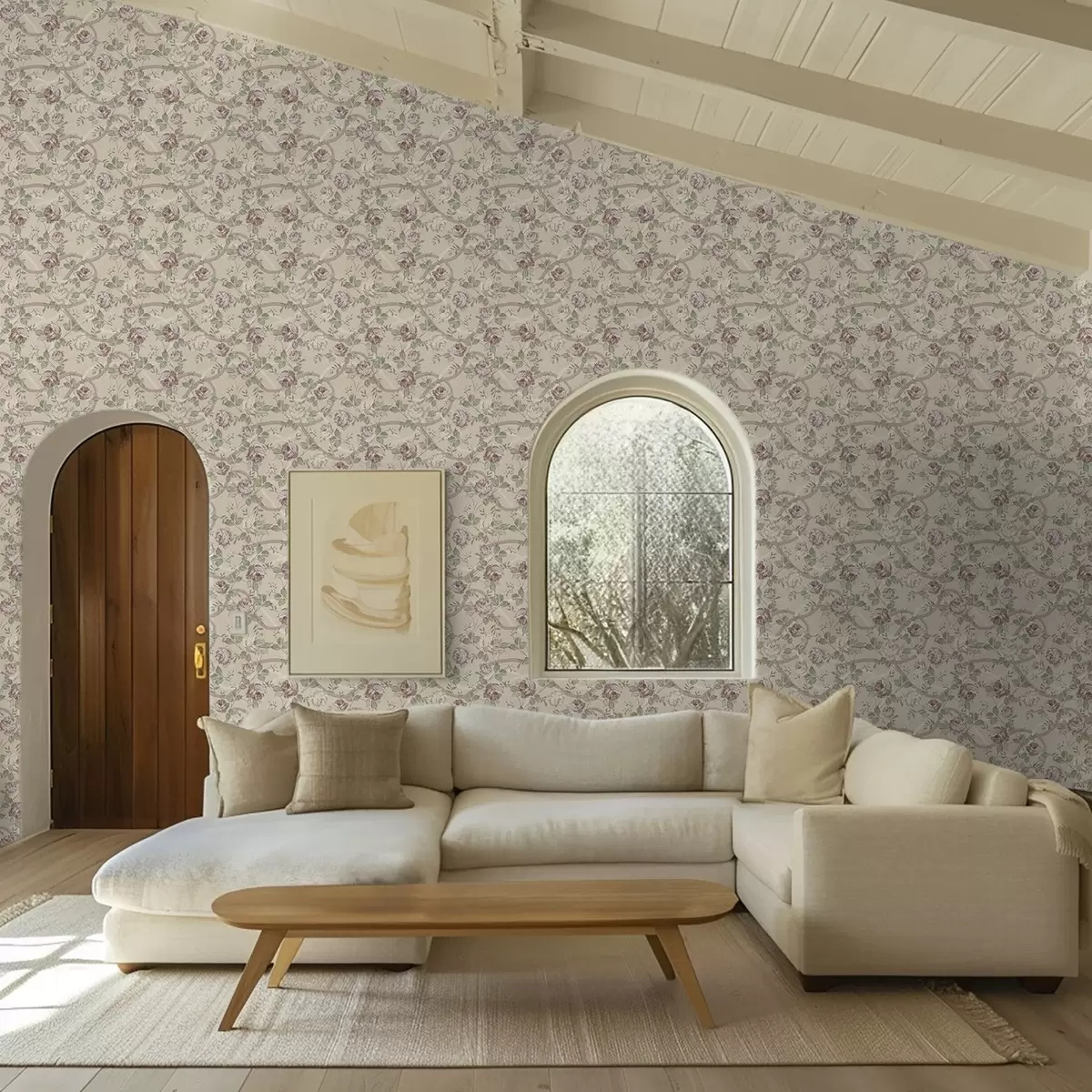 Tapety Růže se zelenými listy na teplém béžovém podkladu a00729