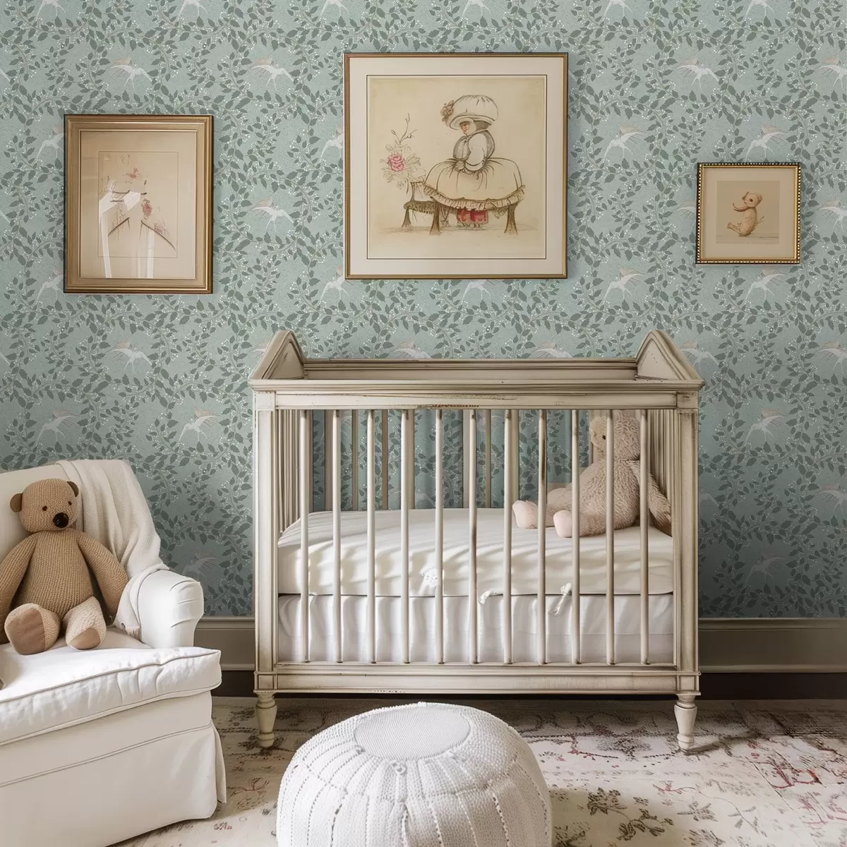 Tapety Větve s bílými bobulemi a ptáky na zeleném pozadí a00731