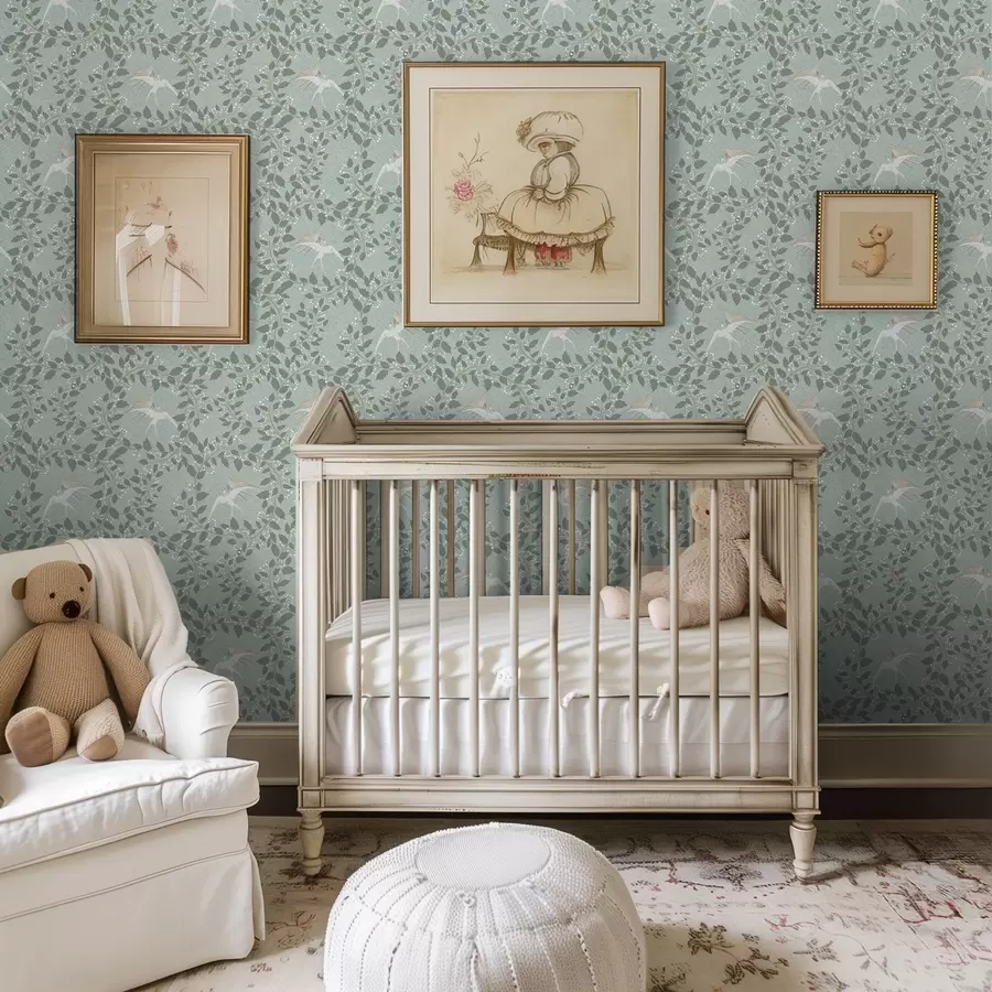 Fototapet Větve s bílými bobulemi a ptáky na zeleném pozadí a00731