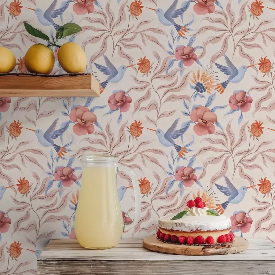 Fototapet Kolibříci mezi velkými květy v růžových a modrých tónech a00733