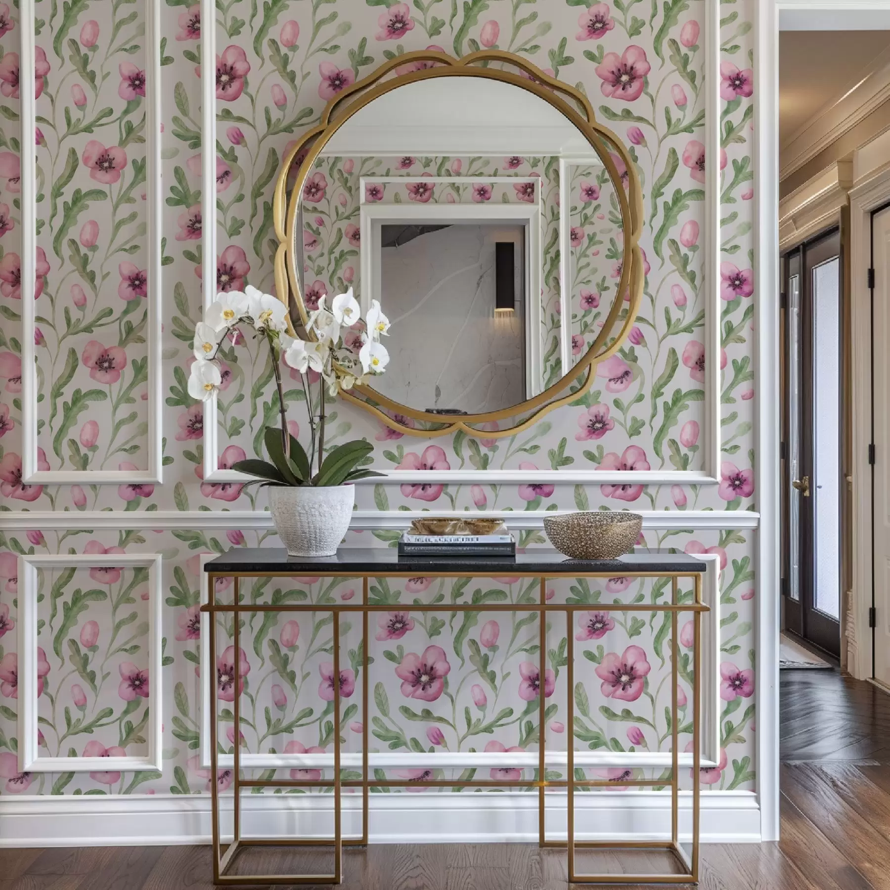 Fototapet Jemné růžové máky s listy v akvarelové technice a00830