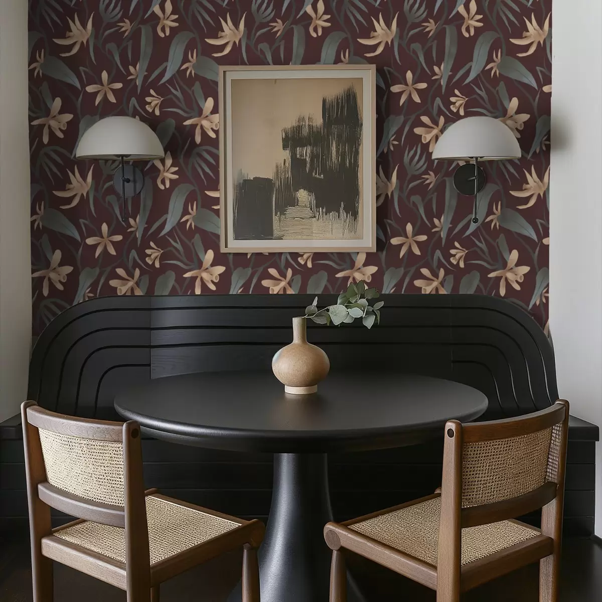 Tapety Krémové květy se šedými listy na vínovém pozadí a00833